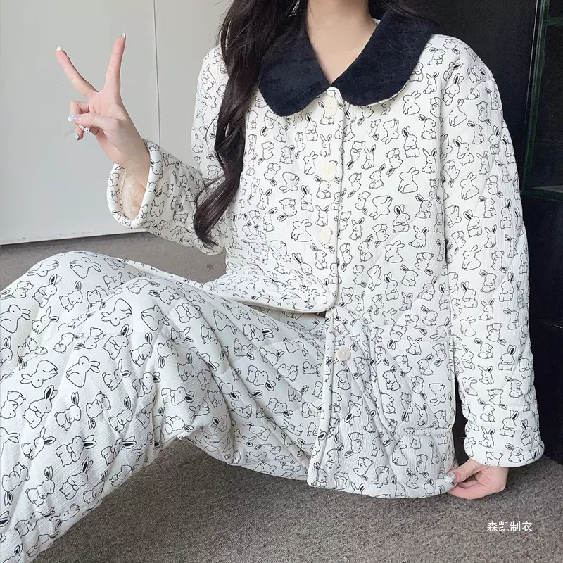居家保暖休闲舒适三层夹棉睡衣女冬季加厚棉袄甜美娃娃领家居套装