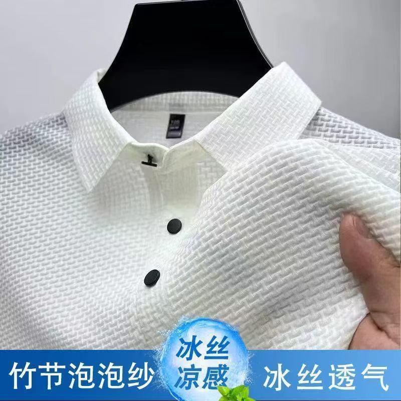 2025 nueva camiseta de manga corta de seda de hielo para hombres, solapa de verano, camiseta casual, de alta gama, media manga transpirable con sensación de hielo