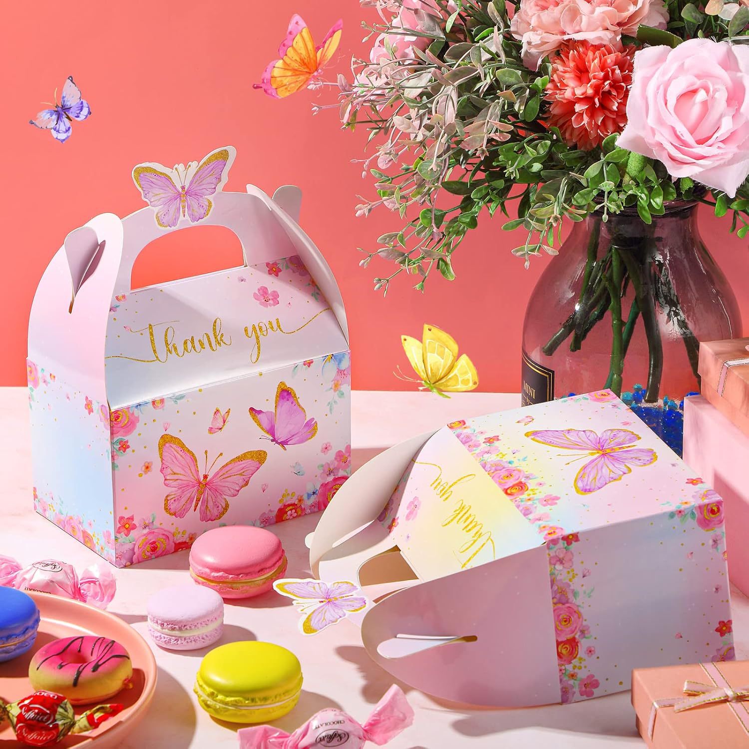 Nezyo 24 piezas Butterfly Party Gift Candy Box, Butterfly Flower Candy Box Pink y Purple Gift Paper