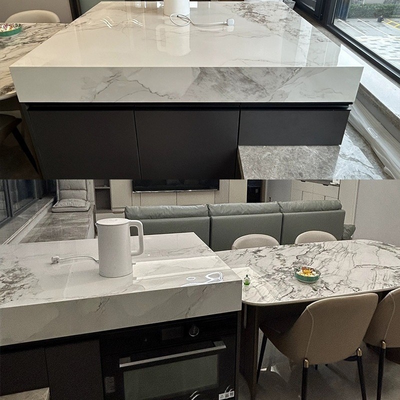 Ventana mirador, plataforma de isla única, mesa de comedor contra la pared, gabinete integrado, losa de roca multifuncional, plataforma de guía central separada, venta directa de fábrica de piedra de lujo