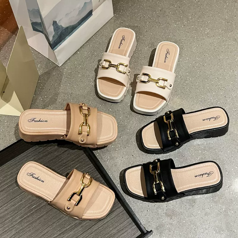 高跟厚底拖鞋女夏季新款时尚百搭金色扣居家防滑外穿仙女风沙滩鞋