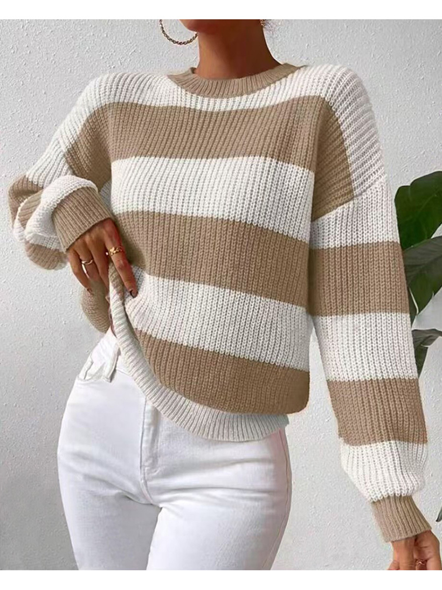 427g Weight Long Sleeve Sleeve Length Wholesale Women's Casual Color Block Stripe Long Sleeve Contrast Binding Sweaters & Cardigans