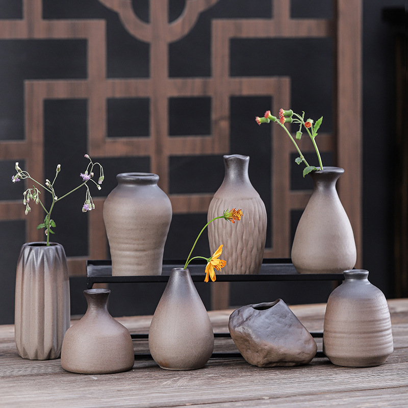 简约复古粗陶花器日式禅意陶瓷花瓶花插家居玄关桌面装饰插花摆件