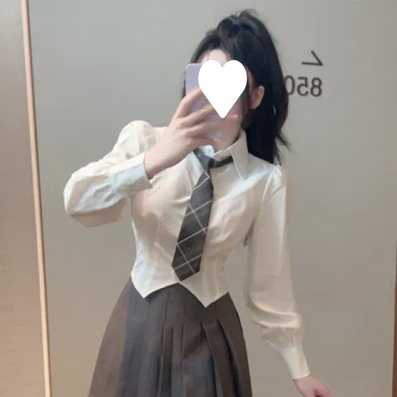 (2개) (시원한 실크면 틈새 디자인 감각) 가을 여성을위한 허리 유니폼 순수한 정욕 스타일 흰색 긴팔 슬림 핫 소녀 셔츠