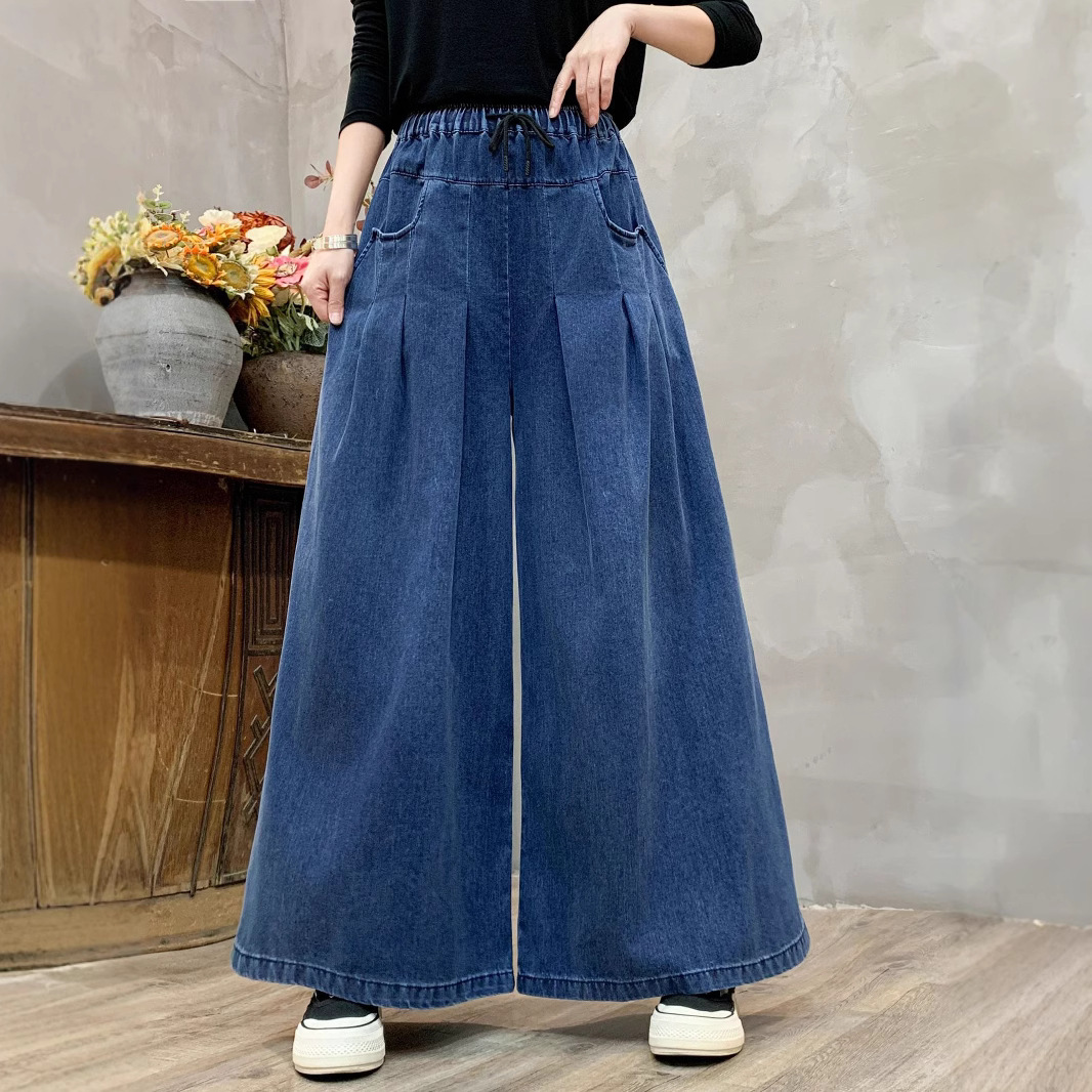 2025春季新款 纯色拼接口袋阔腿牛仔裤 宽松高腰系带松紧直筒裤女