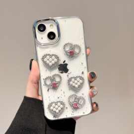 17promax珍珠水钻蝴蝶结爱心滴胶手机壳适用iPhone12苹果16细闪粉