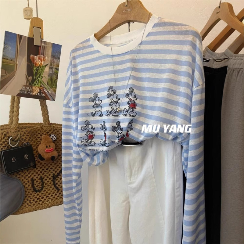 extra large size 120.00kg cool air conditioning shirt! Mickey sunscreen ice silk cotton long sleeve T-shirt women's comfortable lazy top extra large size 120.00kg cool air conditioning shirt! Mickey sunscreen ice silk cotton long sleeve T-shirt women's comfortable lazy top
