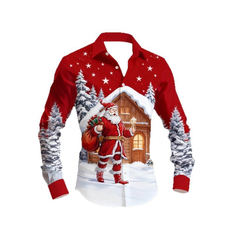 European and American Style Men's 2025 New Shirt Christmas Snow Scene Print Casual Long-Sleeved Holiday Shirt