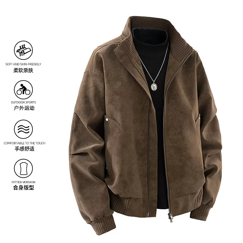 跨境定制夹克男款立领春秋季工装美式皮衣情侣款休闲宽松男装外套