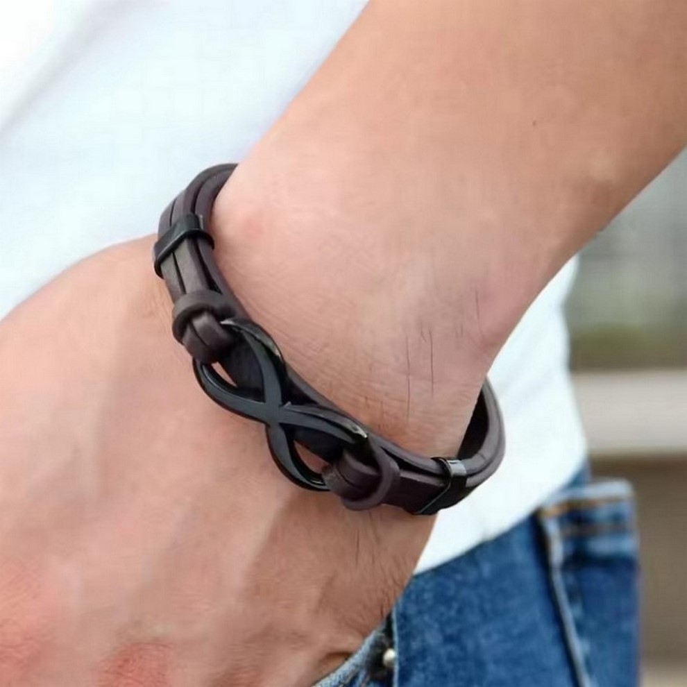 European and American Men's Leather Bracelets with Figure-Eight Braided Magnetic Buckle, Genuine Leather Vintage Bracelet, Cross-Border High-End Leather Wristband Accessory