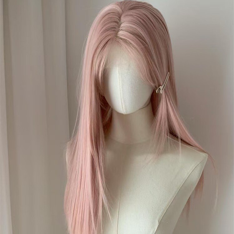 Wig Female Full Headgear Pink Gold Forehead Lace Pink Middle Parted Wig Long Straight Hair Artificial Hair Full Headgear Wig