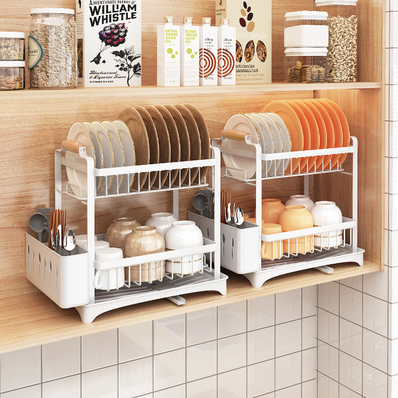Estante de almacenamiento de cocina estante de almacenamiento de fregadero de plato de doble capa estante de drenaje multifuncional plato de hogar tazón palillos Almacenamiento de taza de agua