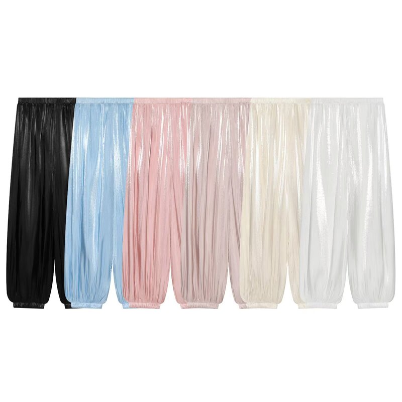 Relaxed Vacation Style, Shiny and Draping, Skin-Friendly, Elastic Waist, Cuffed Lantern Pants, Casual Long Pants for Women, Summer
