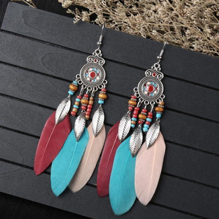 Bohemian Long Tassel Feather Earrings Women's Retro Hong Kong Style Elegant Niche Design Ethnic Style All-match Earrings