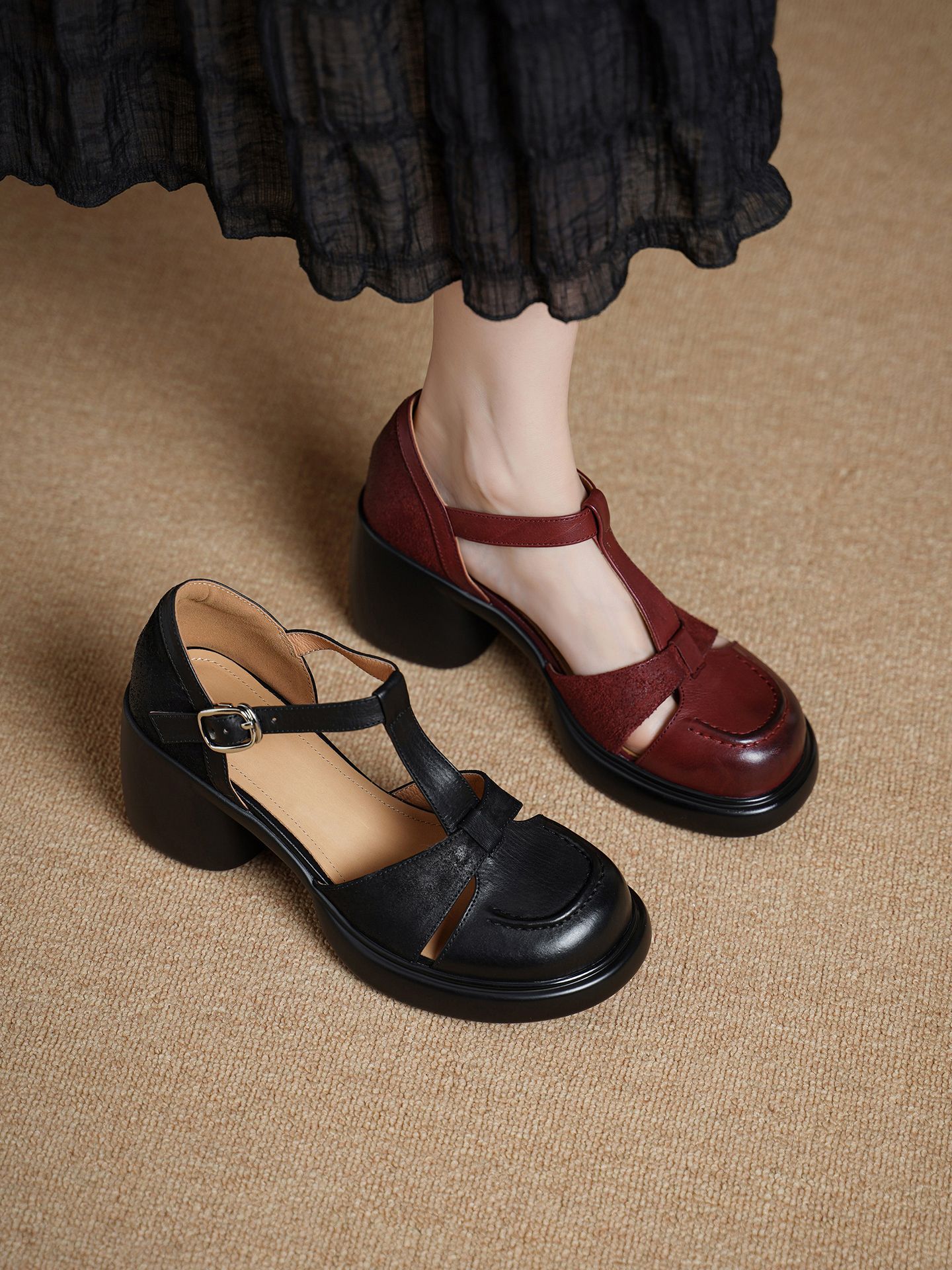 Sandal nữ cao gót mũi nhọn quai chữ T da bò, gót 8 cm — đen chi tiết 1