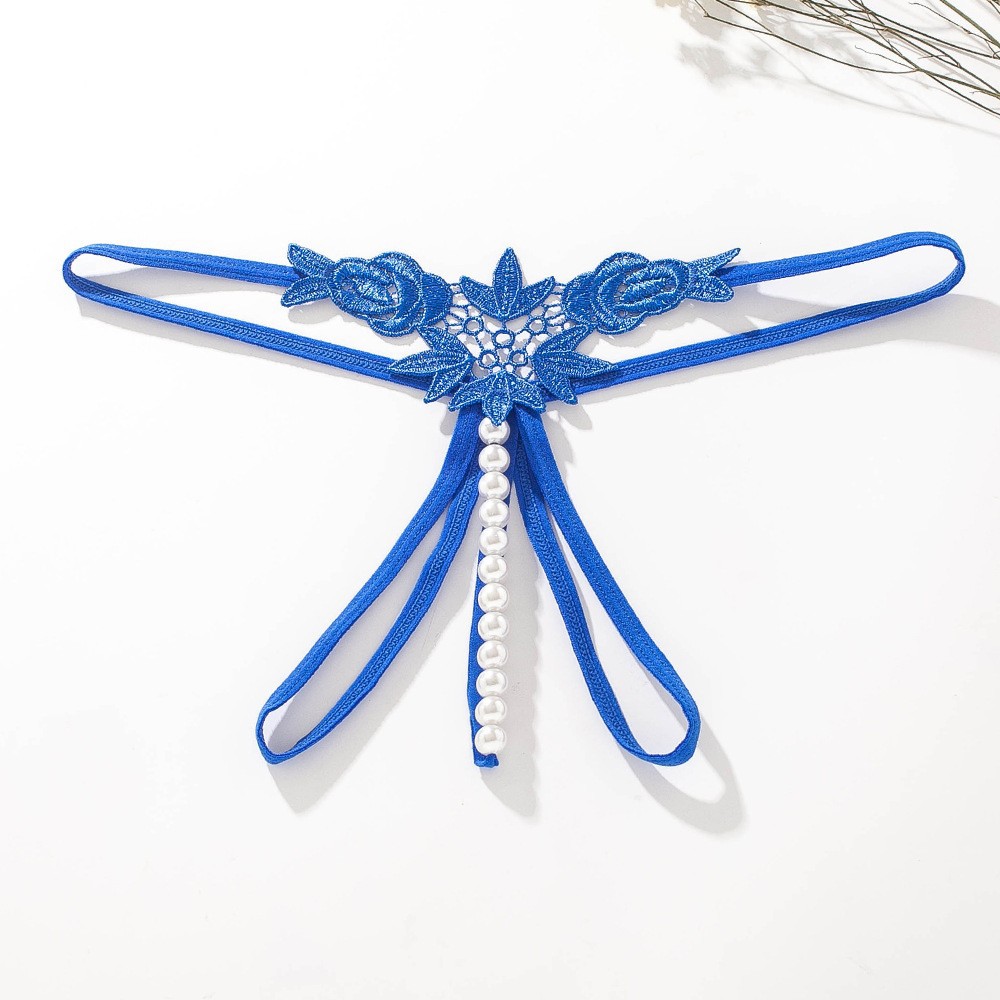 Women’s Hollow Embroidered Thong with Pearl Detail and Open Crotch, Blue, One Size — detail image 9