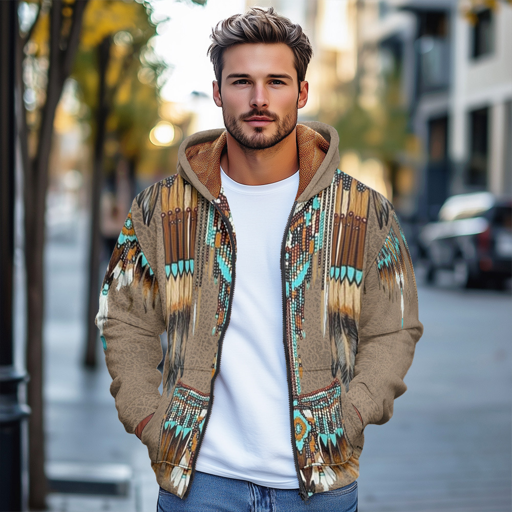 Giacca in cotone spesso con cappuccio e cerniera da uomo, stile europeo stampato, autunno/inverno 2024_voghion.com