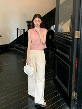 新中式简约甜美套装女夏季2024新款粉色盘扣立领衬衣阔腿裤两件套