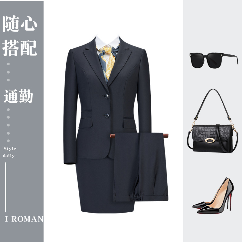 Classic Suit Women's Suit 24 Spring Elegant Commuter 70 Wool Single-breasted Flat Barge Neck Dress navy blue Professional Suit