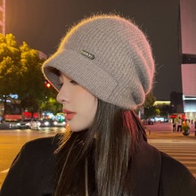 毛线帽子女秋冬季新款显脸小大头围堆堆帽冬天兔毛洋气保暖针织帽