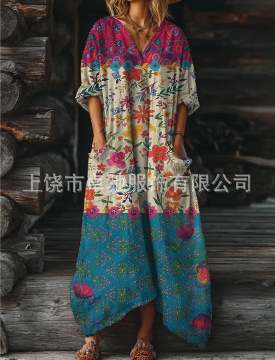 2025新款独立站女式复古花卉艺术图案印花口袋V领口袋连衣裙|undefined