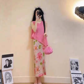 扎染洋气绝美半身裙长裙2025女夏开叉高级感显法式印花百褶裙