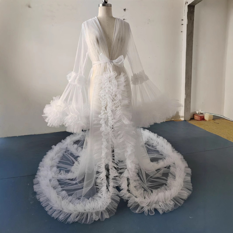 European and American Bride Wedding Dress Trailing Long Mesh Folded Lace White Nightgown Photo Studio Theme Shooting Clothing