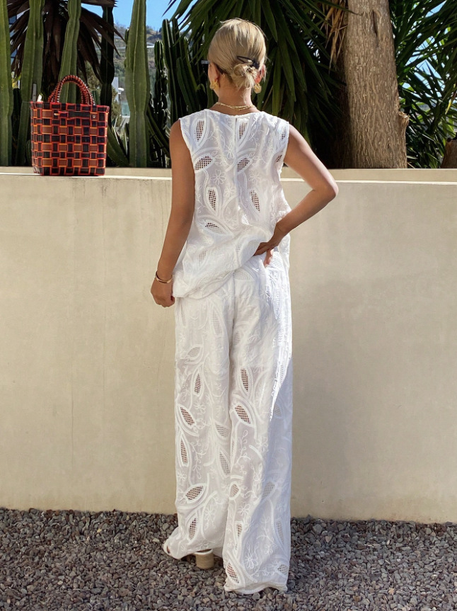 White Embroidered Sleeveless Vest Wide Leg Pants Two Piece Casual Fashion Set Women's Clothing_ecoleips.com