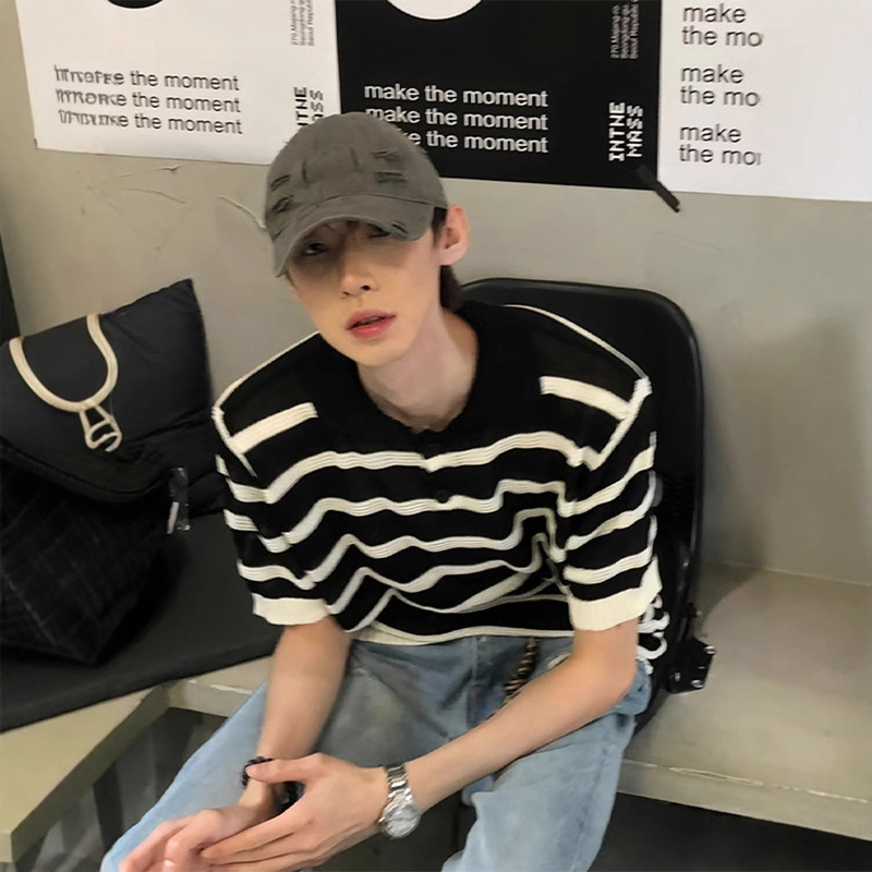 Black and White Striped Hollow Ice Silk Knitted Sweater American Polo Shirt Short-sleeved Men's Summer Design Sense Niche Lassel T-shirt