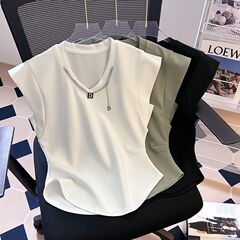 2025 純綿半袖 Tシャツ女性の夏服フライングスリーブ不規則な多用途チェーン装飾