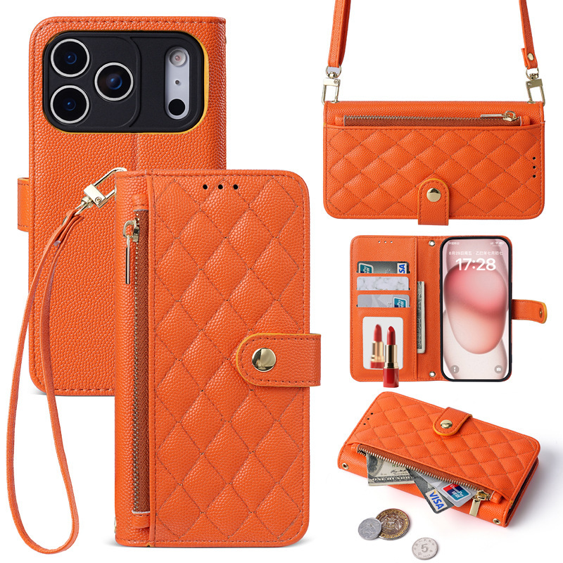 Suitable for Cross-Border Use, iPhone 17 Pro Crossbody Chanel-Style Card-Insert Zipper Bag, Apple 17 Fashion Phone Leather Case