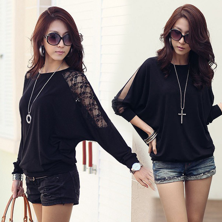 Foreign trade stall T-shirt solid color batwing sleeve loose large size fashion knitted lace stitching long sleeve knitted top