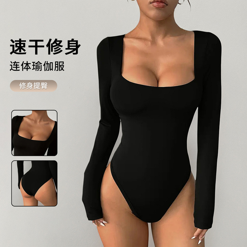 Foreign Trade One-Piece Yoga Outfit Square Neck Long-Sleeve Fitness Jumpsuit Tight-Fitting One-Piece Women's Jumpsuit