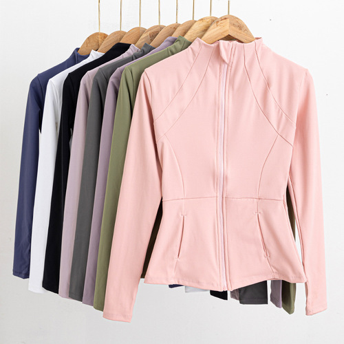 Cross-border simple self-cultivating yoga outerwear fitness long-sleeved top standing collar quick-drying sport suncoat tight-waisted