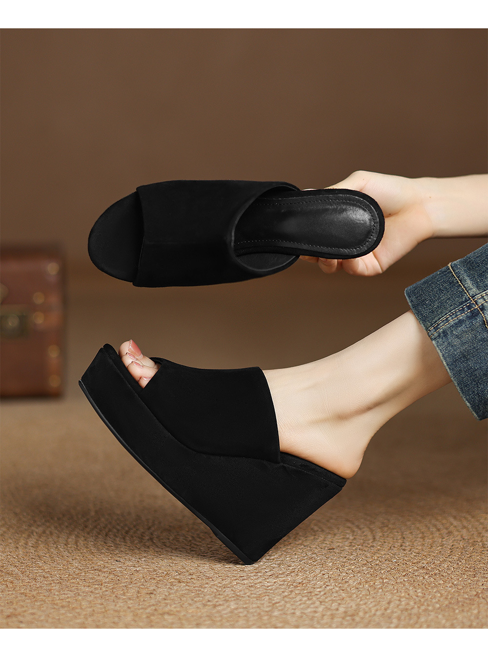 Sandal cao gót đế xuồng nữ hở mũi quai ngang gót 10 cm — Đen [da cừu] chi tiết 11