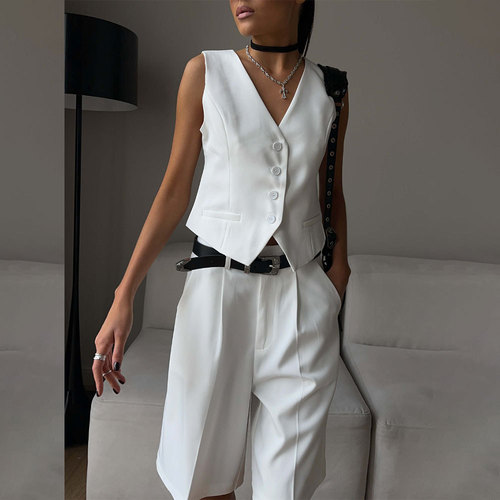 Cross-border vest and vest suit Europe and America  spring and summer V-neck single-breasted vest + straight suit shorts suit