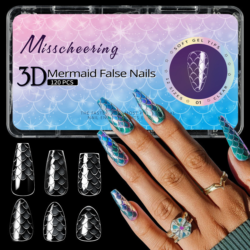3D fish scale almond-shaped ballet nails, wearable nails, long-shaped nail tips, wholesale, high-end, handmade