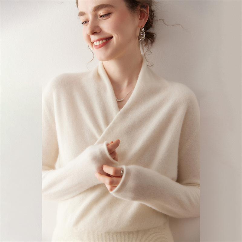 2025 Autumn and Winter New Loose Large Size Cashmere Sweater for Women, V-Neck Cross-Over Robe-Style Outerwear, Casual Thin Sweater