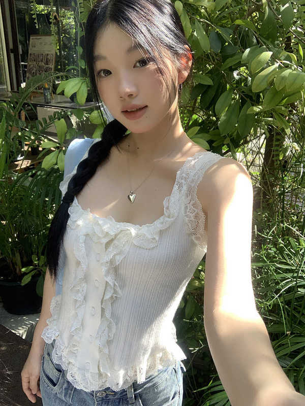 2025夏季别致蕾丝设计吊带背心女纯色修身无袖内搭纯欲甜辣上衣潮|undefined