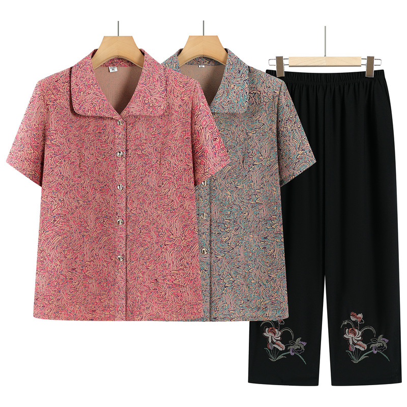 Middle-Aged and Elderly Women's Summer Short-Sleeved Shirts, Grandma-Style Collared Tops, Thin Clothing for Elderly Women, Shirt Sets