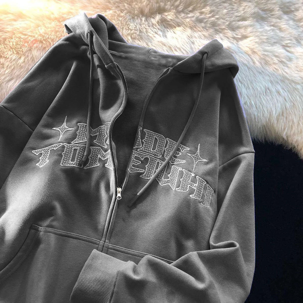 Trendy Marka Mektup Fermuarlı Sweatshirt Kişiselleştirilmiş Basit Baskılı Kapüşonlu Üst Unisex Hırka Şık Ceket_voghion.com