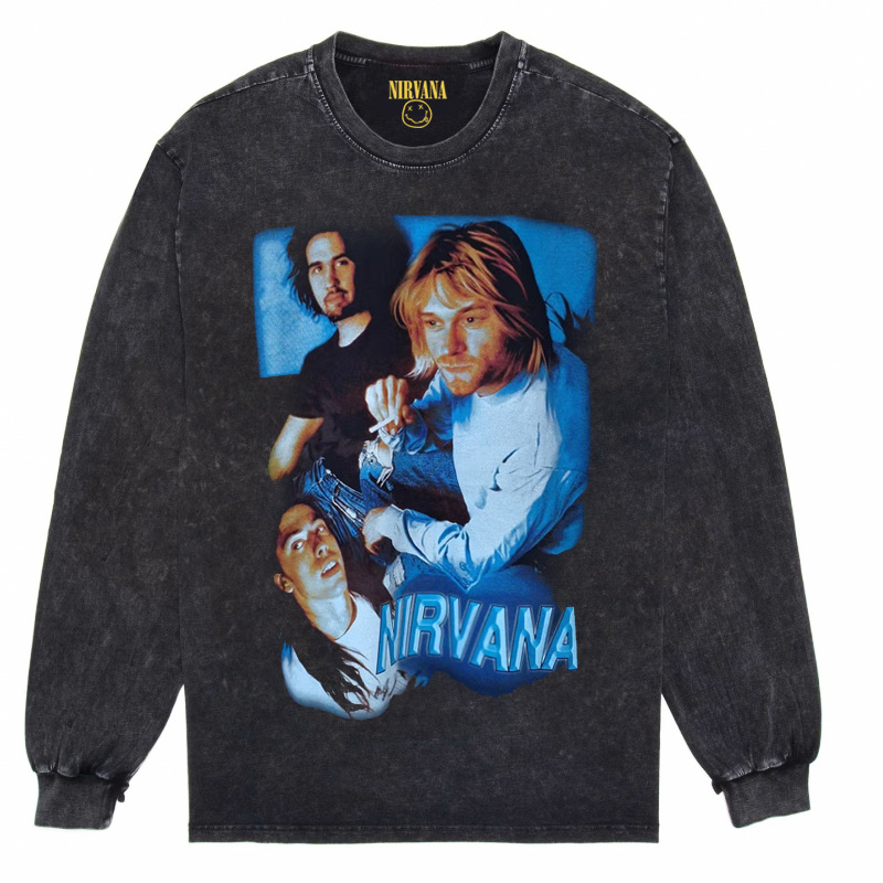 Nirvana Vintage American retro apenado rock punk angustiado lavado batik Camiseta de manga larga