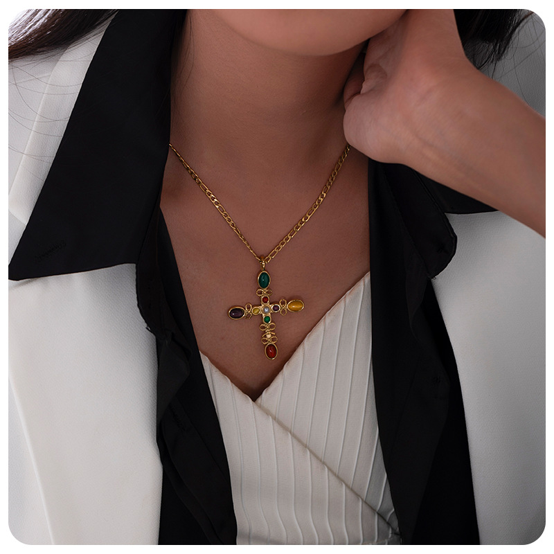 Tina acero inoxidable piedra natural collar cruz colgante de mujer nicho de alta calidad joyería cadena clavícula al por mayor transfronteriza image 5
