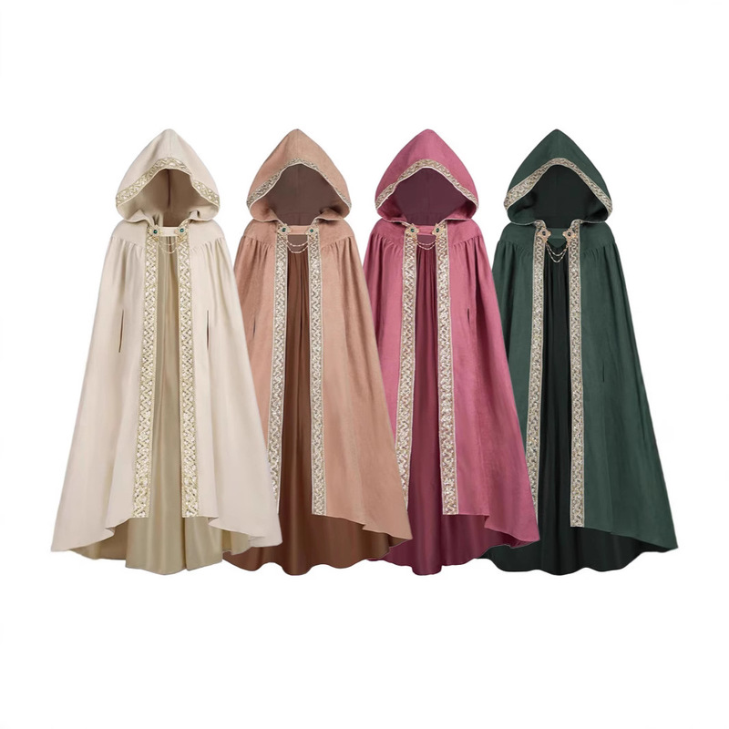 Halloween European and American Style Retro Pastoral Ribbon Edge Hooded Cloak Lace-Up Cloak Anime Costume Cosplay Costume