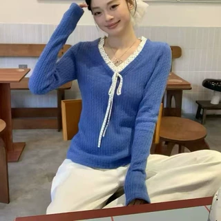 设计感克莱因蓝V领针织衫女春秋季2026年新款修身内搭假两件毛衣