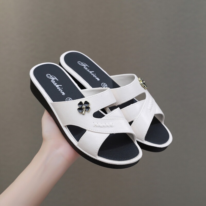 Summer Slippers for Women, Wedge Heels, Thick Soles, Non-Slip, Wear-Resistant, Home Mom, Indoor Casual Sandals, One-Piece Flower Drop Shipping