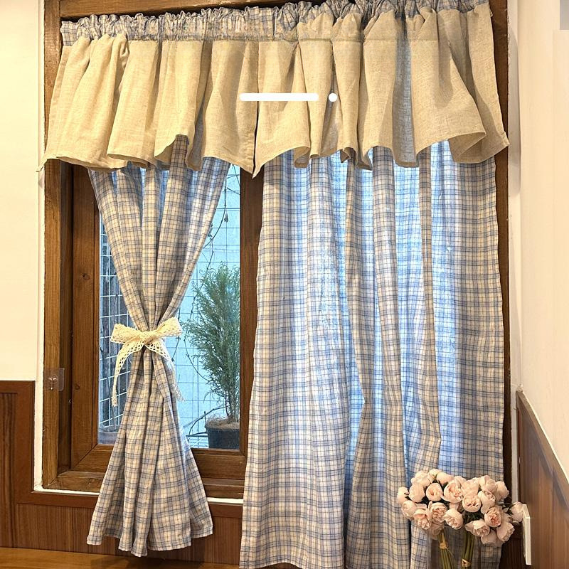 French-Style Retro Pastoral Sky Blue Plaid American Cotton and Linen Curtain Header for Bedroom, Door Curtain, Kitchen, No-Drill Rod