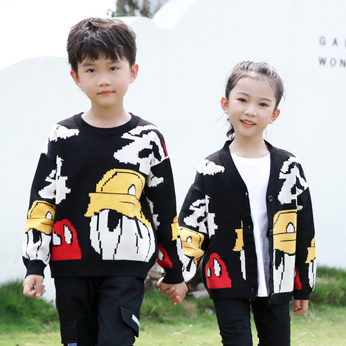 Parent-child sweater for autumn and winter, round neck open top, cartoon and animation style, father and son set, mother and daughter set, stylish family affection set, home set