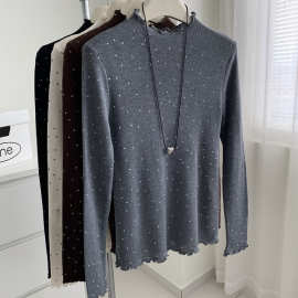 温柔复古木耳边立领波点羊毛针织打底衫女秋冬心机内搭保暖薄毛衣