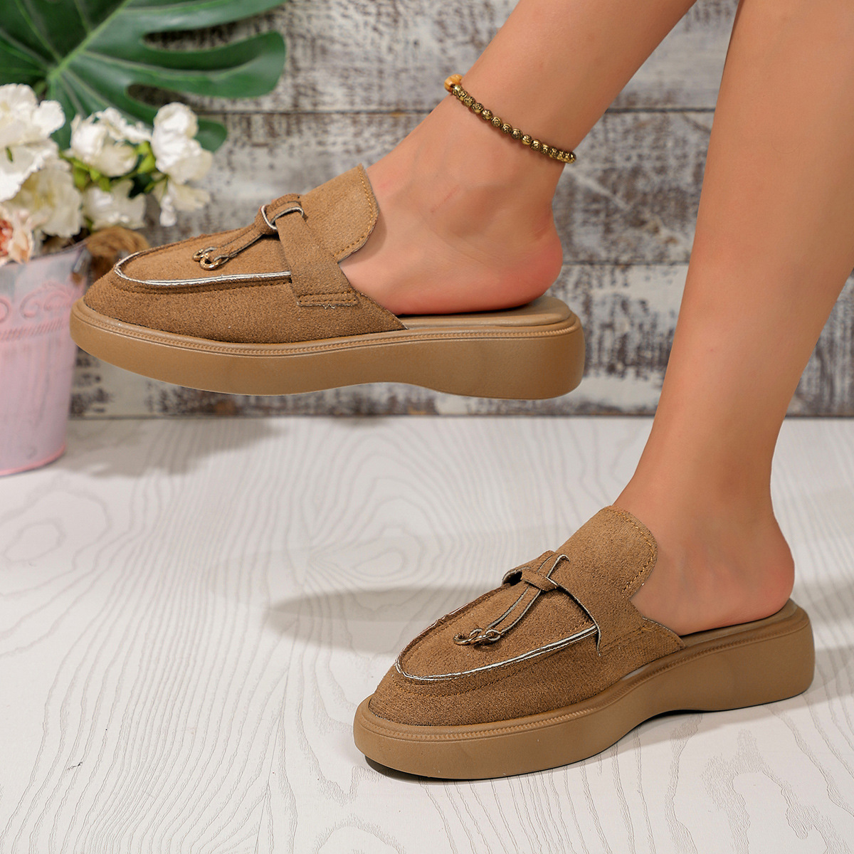 Pantuflas de mujer de talla grande y media longitud, modernas, versátiles, planas, cómodas y con suela gruesa._voghion.com